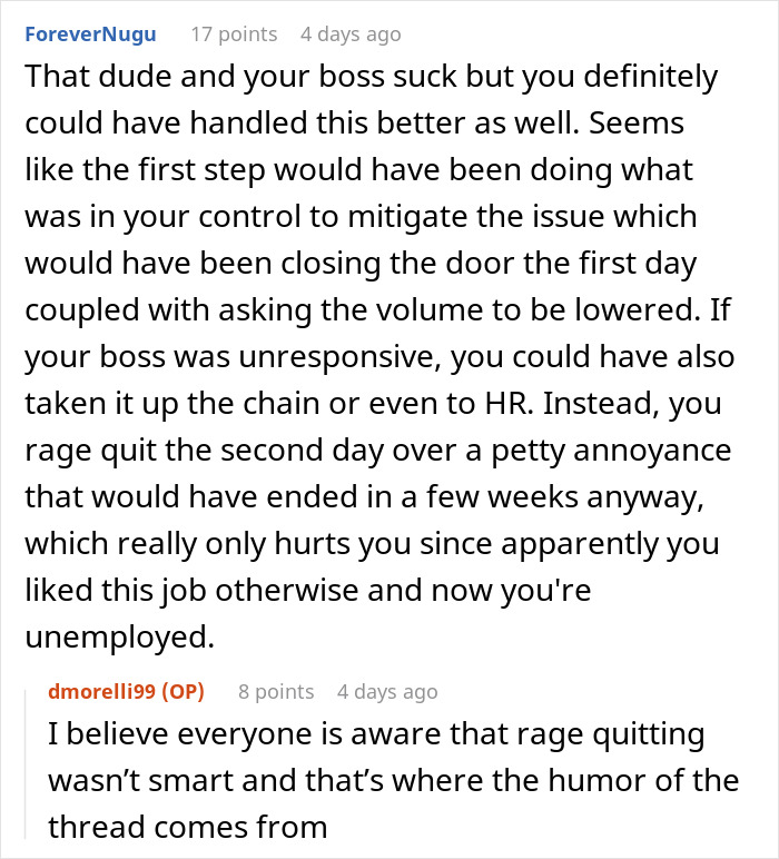 Comment discussing a coworker rage quitting after a man refuses to stop blasting Christmas music in the office.