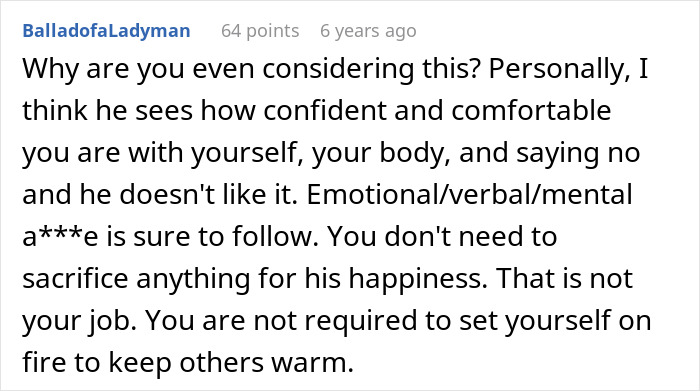 Screenshot of online comment discussing body confidence and reactions to boyfriend demanding girlfriend laser off body hair.