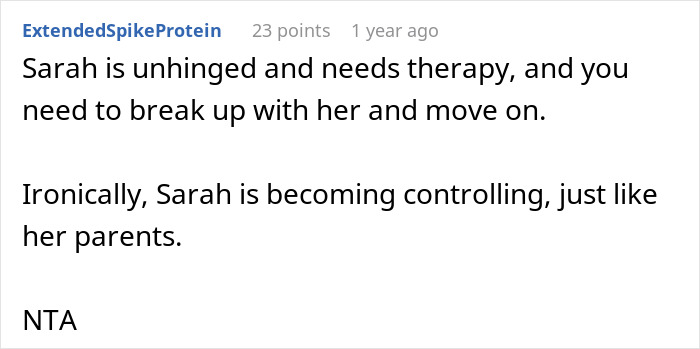 Screenshot of a Reddit comment discussing a man doubting his relationship after his girlfriend pressures him to lie about his career.