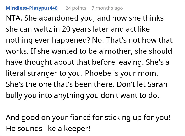 Comment explaining bio mom's fit after daughter honors dad's bestie as mom at wedding, supporting daughter's choice.