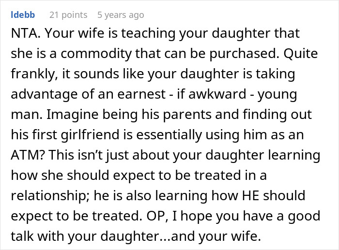 Comment criticizing wife for teaching daughter to treat her boyfriend like a personal ATM in a relationship. Comment criticizing wife for teaching daughter to treat her boyfriend like a personal ATM in a relationship.
