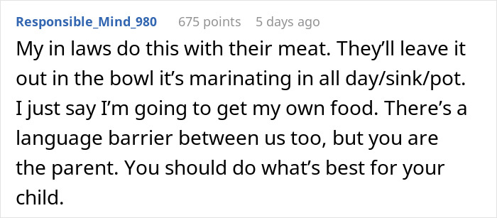 Comment about mother-in-law preparing chicken improperly, causing woman to lose appetite and worry about illness. Comment about mother-in-law preparing chicken improperly, causing woman to lose appetite and worry about illness.