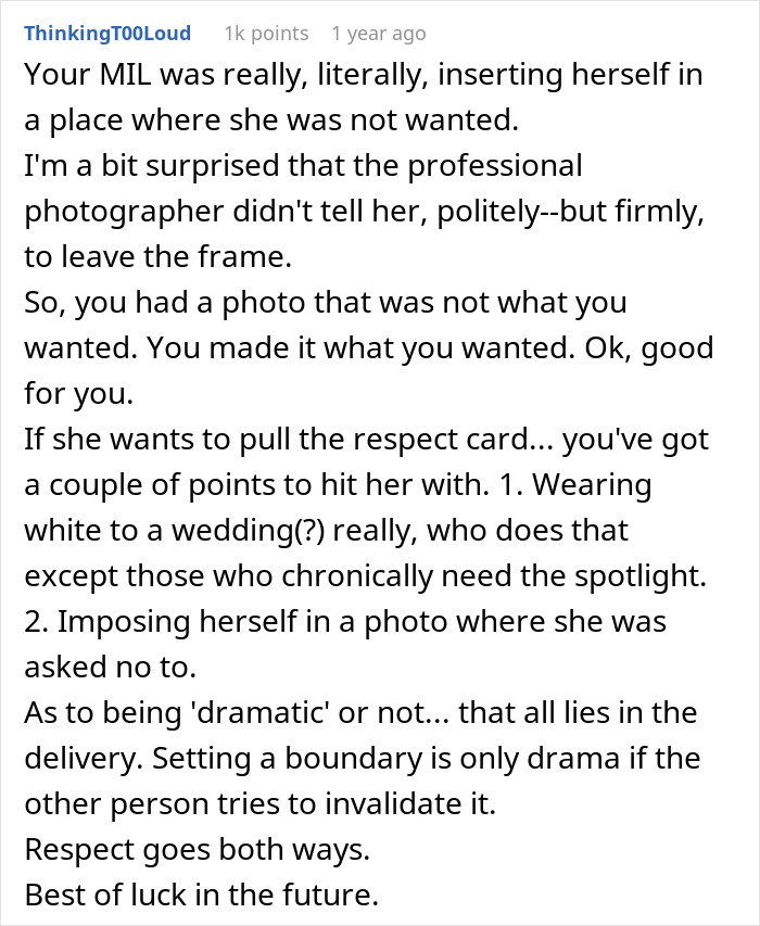 Comment discussing a mother-in-law wearing a white dress at son's wedding and the bride&rsquo;s reaction to photos.