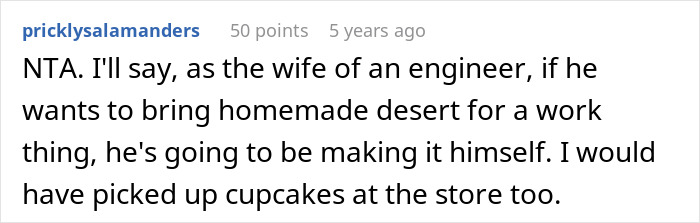 User comment discussing choosing store-bought dessert over homemade for office potluck dessert drama.