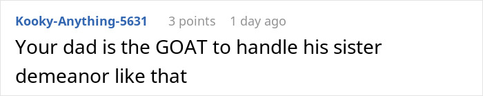 Comment text on a white background praising a dad handling his rich aunt&rsquo;s cheap gift with petty Christmas revenge.