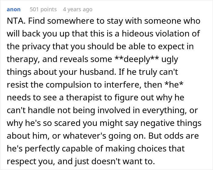 Screenshot of a forum comment discussing the violation of privacy in therapy from a guy recording wife’s private sessions. Screenshot of a forum comment discussing the violation of privacy in therapy from a guy recording wife’s private sessions.