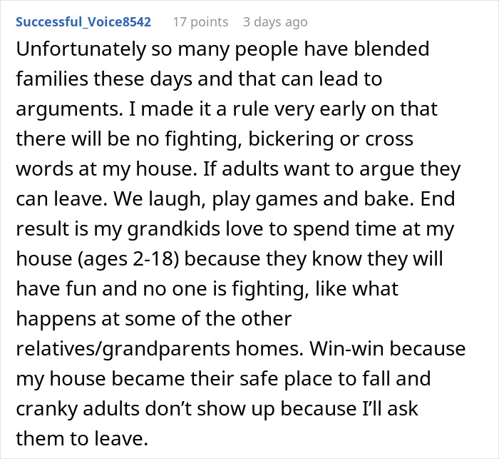 Text comment about blended families and setting rules to avoid fighting, reflecting grandma&rsquo;s savage holiday clapback story.