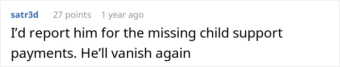 Comment expressing frustration about missing child support payments and concern about someone disappearing again.