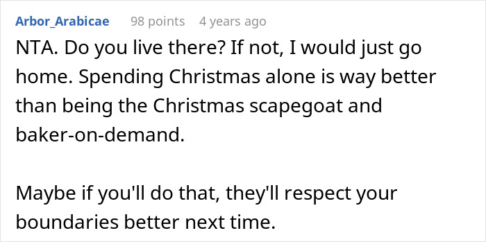 Comment discussing boundaries and refusal to be a baker-on-demand during Christmas family gatherings.