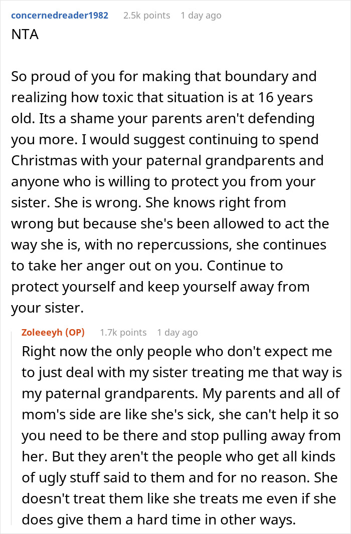 Reddit conversation about a woman threatening her sister’s life and parents wanting them to reunite for Christmas. Reddit conversation about a woman threatening her sister’s life and parents wanting them to reunite for Christmas.