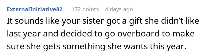 Comment on family Secret Santa drama, with sister turning gift exchange into a luxe shopping list causing frustration.