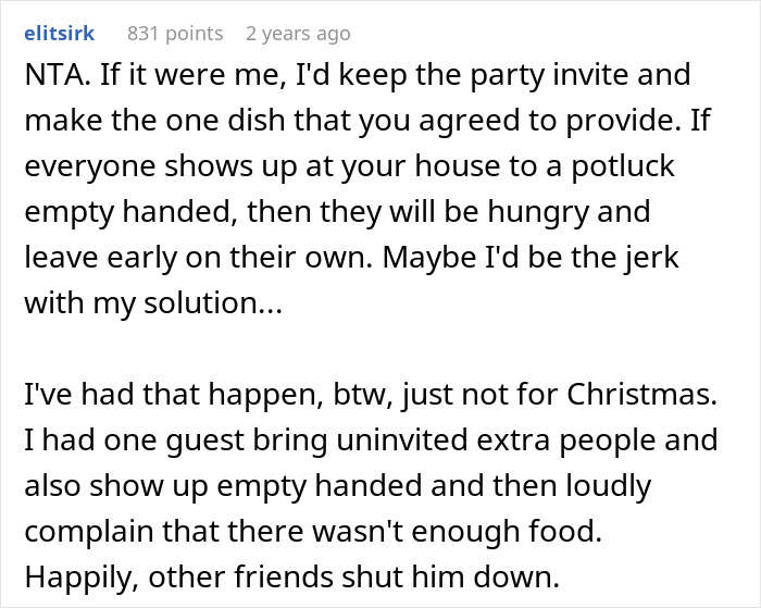 Commenter advises keeping Christmas dinner invite despite lazy relatives not bringing food, suggesting pizza as a solution. Commenter advises keeping Christmas dinner invite despite lazy relatives not bringing food, suggesting pizza as a solution.