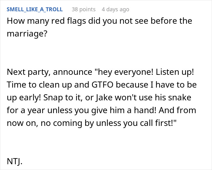 Text of a Reddit comment discussing setting rules to shut down boys’ nights at the house after they go too far. Text of a Reddit comment discussing setting rules to shut down boys’ nights at the house after they go too far.