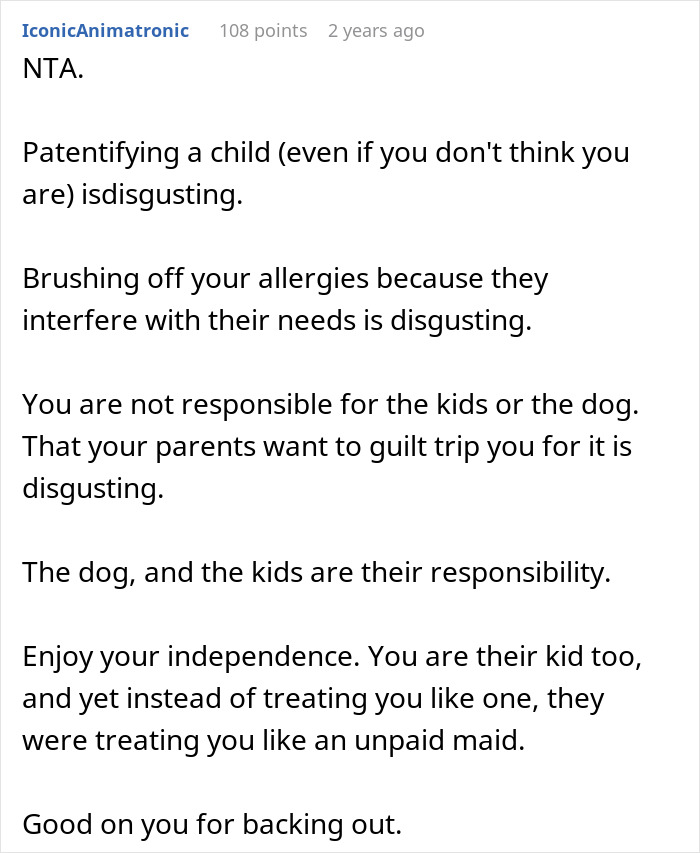 Comment text from a user supporting a 23-year-old moving out amid family and childcare responsibility conflicts. Comment text from a user supporting a 23-year-old moving out amid family and childcare responsibility conflicts.