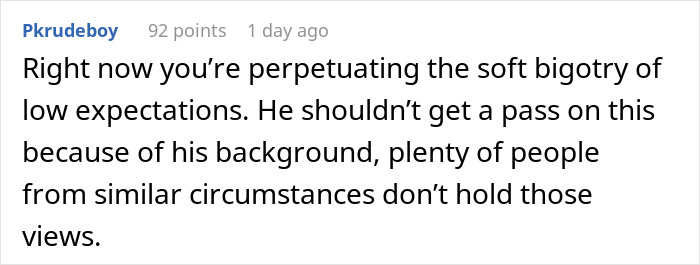 Comment discussing low expectations and background biases related to a coworker told to stay home and birth babies.