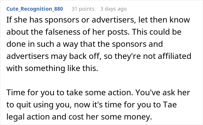 Screenshot of a social media comment urging legal action against a woman lying to build TikTok fame. Screenshot of a social media comment urging legal action against a woman lying to build TikTok fame.