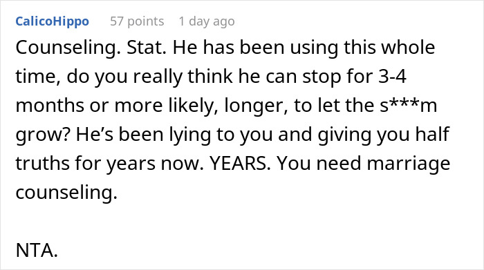 Screenshot of a detailed comment discussing marriage counseling after a husband’s lie risks future child’s health. Screenshot of a detailed comment discussing marriage counseling after a husband’s lie risks future child’s health.