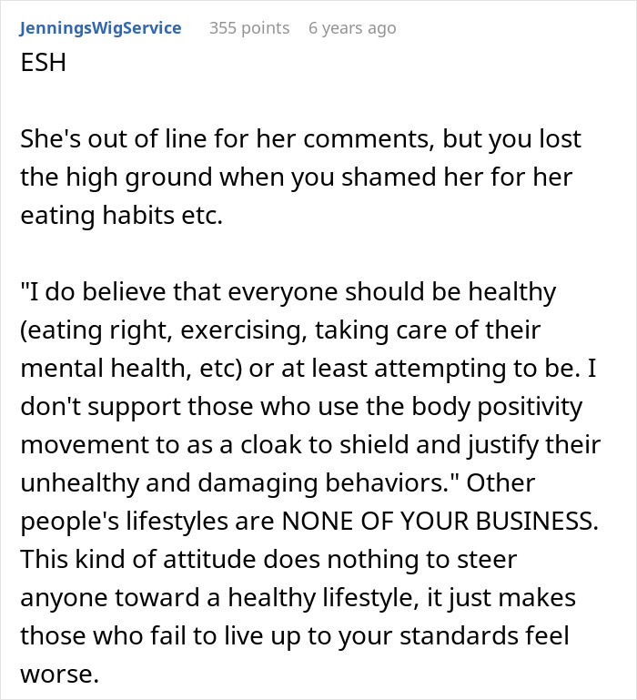 Screenshot of a user comment discussing body positivity and skinny-shaming in a coworker conflict thread.