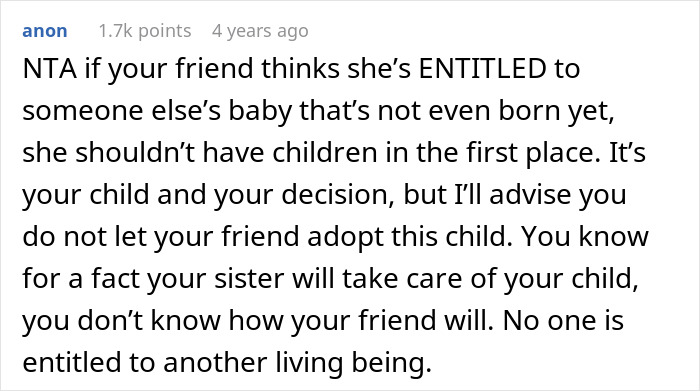 Screenshot of online comment discussing a friend wanting a white baby and dispute over sister adopting instead. Screenshot of online comment discussing a friend wanting a white baby and dispute over sister adopting instead.