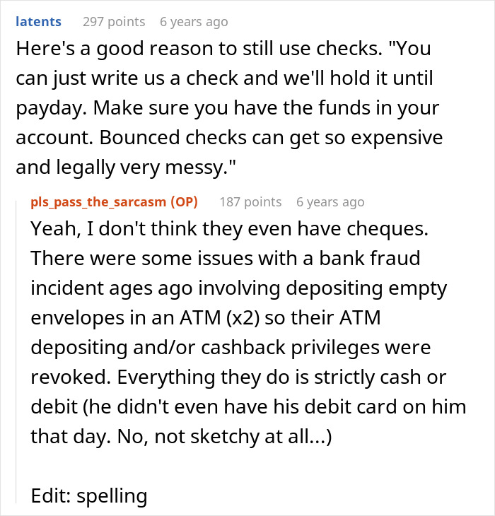 Reddit conversation humor about paying bills with checks and issues with bank fraud, related to brother makes bill pay dinner situation. Reddit conversation humor about paying bills with checks and issues with bank fraud, related to brother makes bill pay dinner situation.
