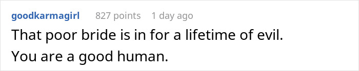 Text comment from user reflecting sympathy for bride involved in MIL’s plan to make bride look ugly in wedding illustration.