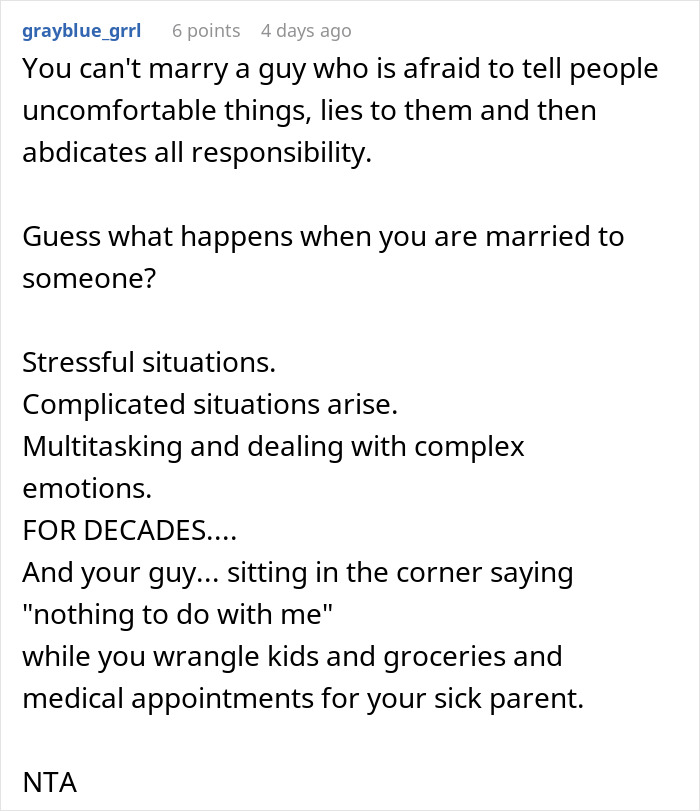 Comment discussing stress and lies in marriage, reflecting on woman rethinking her engagement after fiancé’s family lie at dinner.