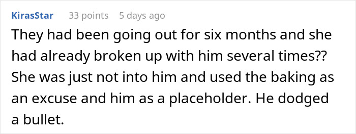 Comment discussing a woman ending her relationship due to boyfriend’s strong passion for pastries. Comment discussing a woman ending her relationship due to boyfriend’s strong passion for pastries.