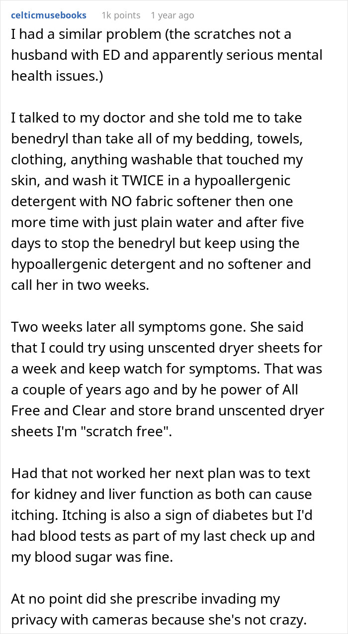 Text comment about scratches on back and husband’s trust issues wanting to install CCTV to monitor wife at home. Text comment about scratches on back and husband’s trust issues wanting to install CCTV to monitor wife at home.