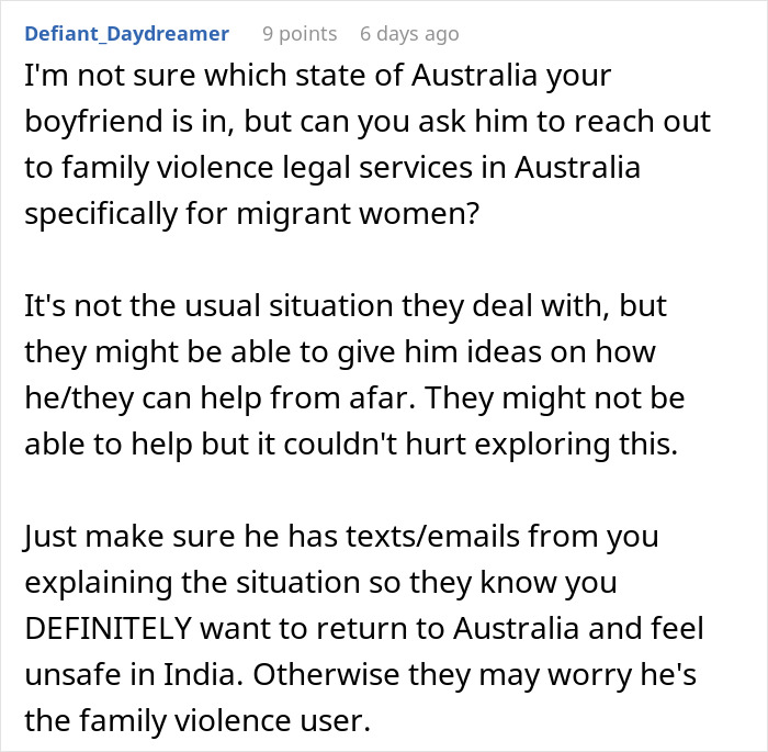 Comment discussing reaching out to family violence legal services for help with being held hostage at parents’ place. Comment discussing reaching out to family violence legal services for help with being held hostage at parents’ place.