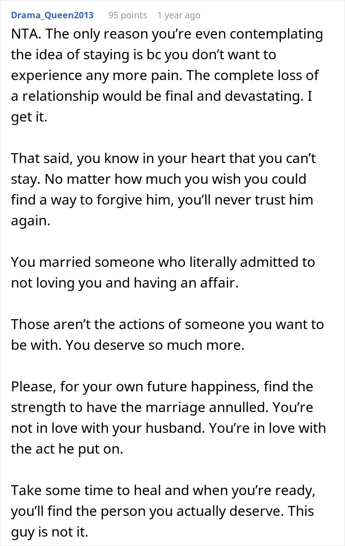 Comment discussing a couple split at altar after bride overhears groom’s unexpected revelations, offering support and advice.