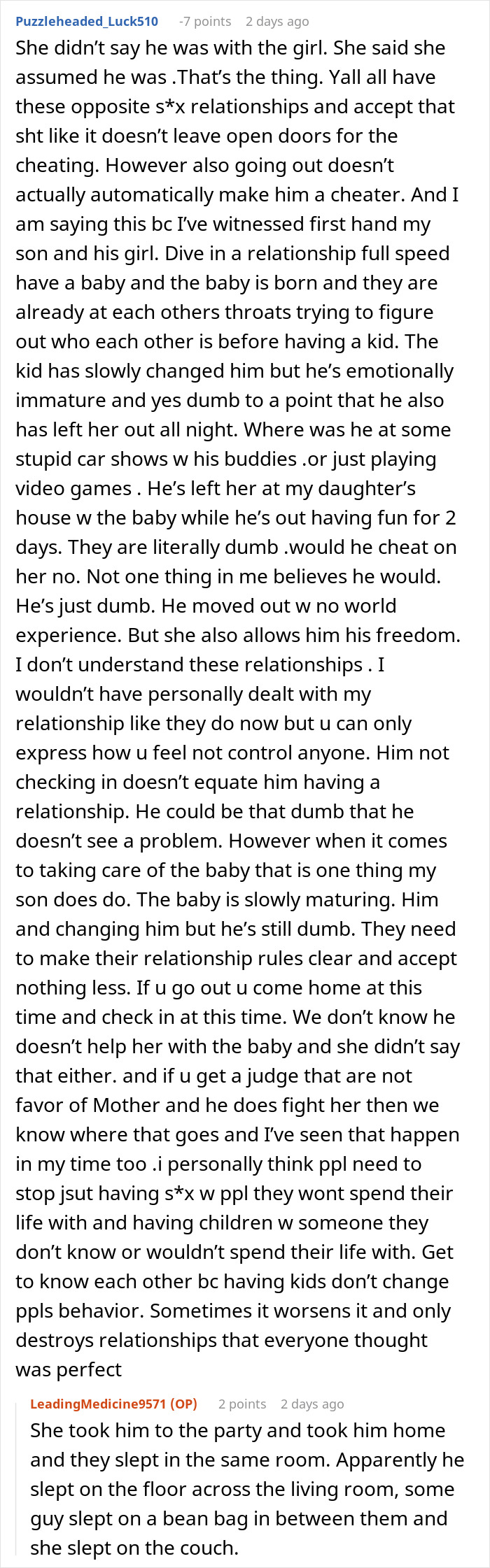 Forum discussion about a woman rethinking her relationship after her boyfriend leaves her with a newborn to party all night.
