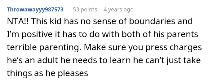 Screenshot of an online comment discussing a woman’s half-brother stealing her car and family conflict over the arrest.