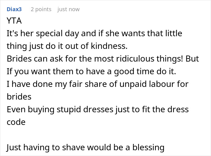 Comment discussing guest discomfort over bride and groom taking woman's hairy armpits as a personal insult. Comment discussing guest discomfort over bride and groom taking woman's hairy armpits as a personal insult.