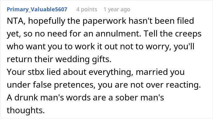 Comment discussing couple split at altar as bride overhears groom’s unexpected revelations and seeks support online.