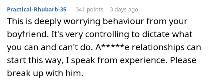 Comment warning about controlling boyfriend shaming girlfriend for loving fiction, calling it make-believe and lowering her IQ.