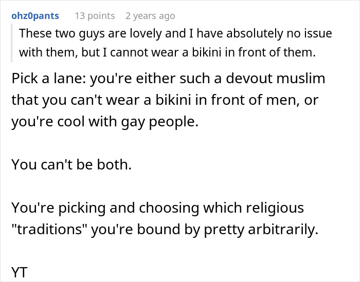 Comment discussing Muslim daughter-in-law refusing to wear bikini due to religious and cultural beliefs. Comment discussing Muslim daughter-in-law refusing to wear bikini due to religious and cultural beliefs.
