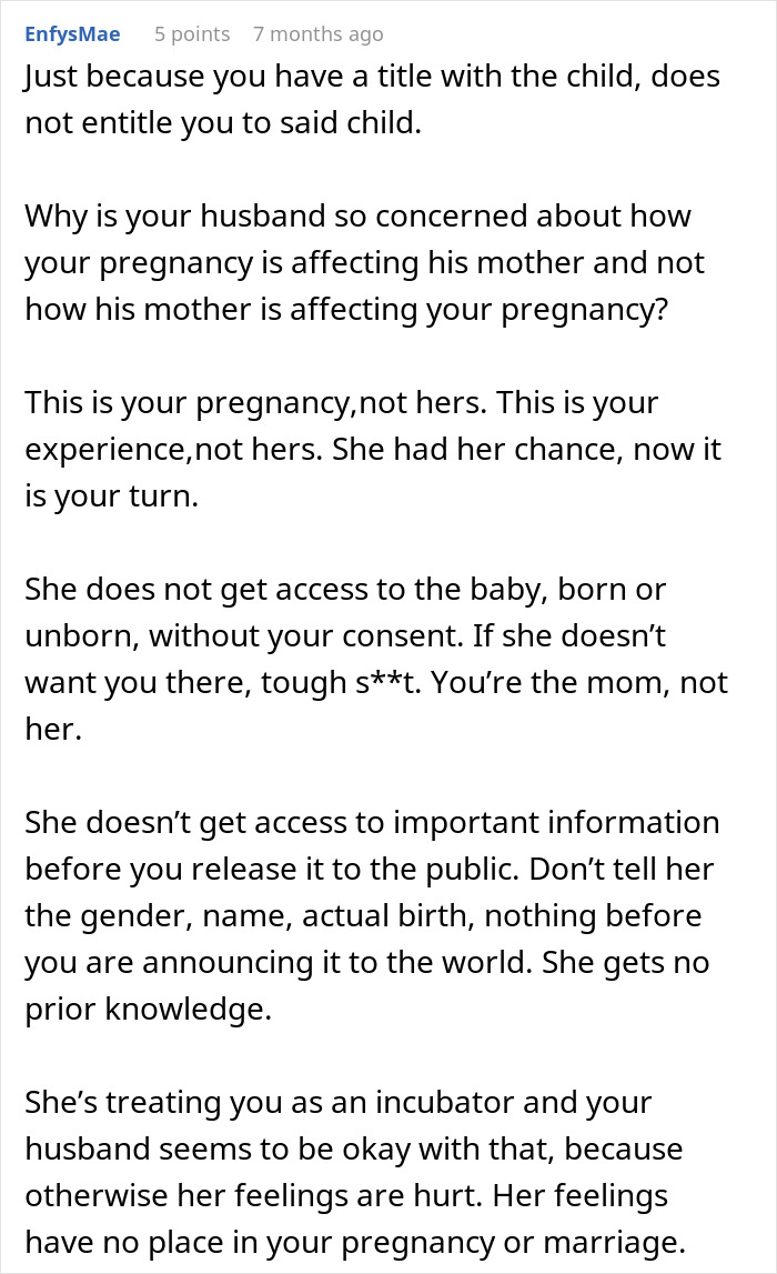 Comment discussing husband not standing up to his mother during pregnancy, wife considering walking away from situation.