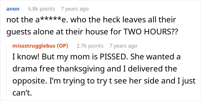 Alt text: Woman feels like she ruined Thanksgiving after blowing up at family for leaving dinner early during the holiday gathering.