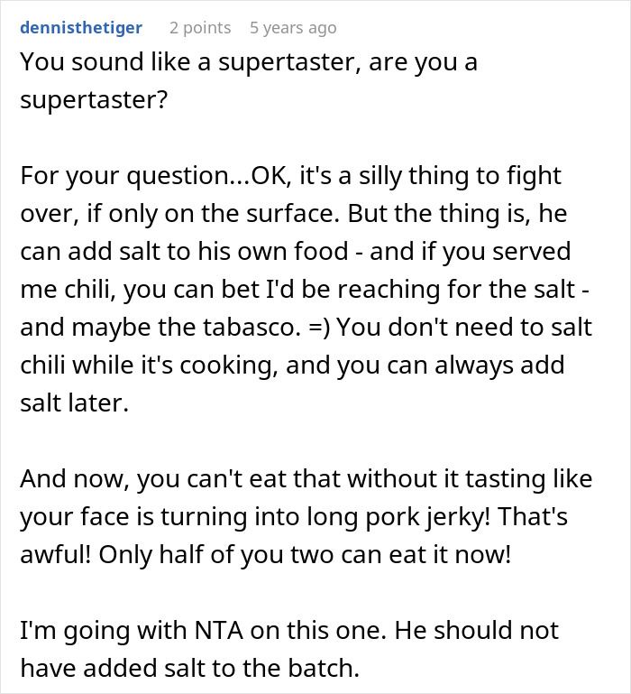 Comment discussing relationship conflict after boyfriend salts entire pot of chili, causing food dispute and frustration.