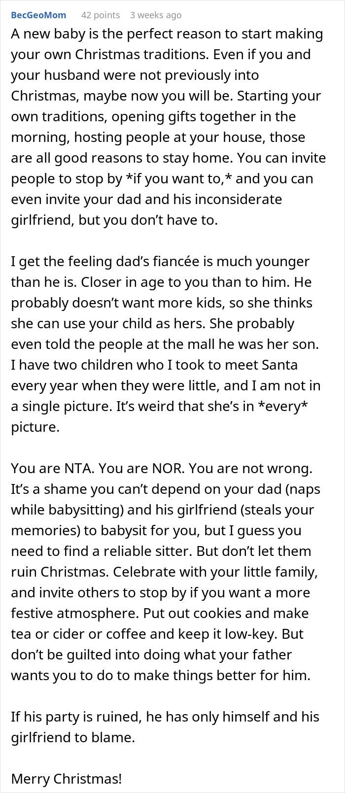 Step-grandma sneaks baby to Santa while watching him, causing family tension and losing babysitting privileges forever. Step-grandma sneaks baby to Santa while watching him, causing family tension and losing babysitting privileges forever.