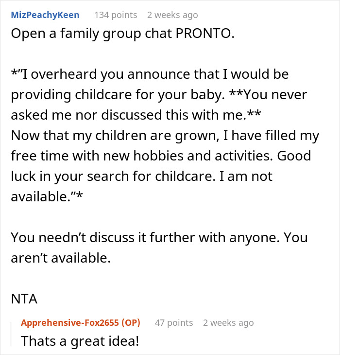 Text conversation about a couple expecting the aunt to give up her hobbies to provide babysitting and childcare.