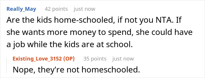 Online discussion about stay-at-home mom feeling poor despite husband giving her 1K per month as fun money. Online discussion about stay-at-home mom feeling poor despite husband giving her 1K per month as fun money.