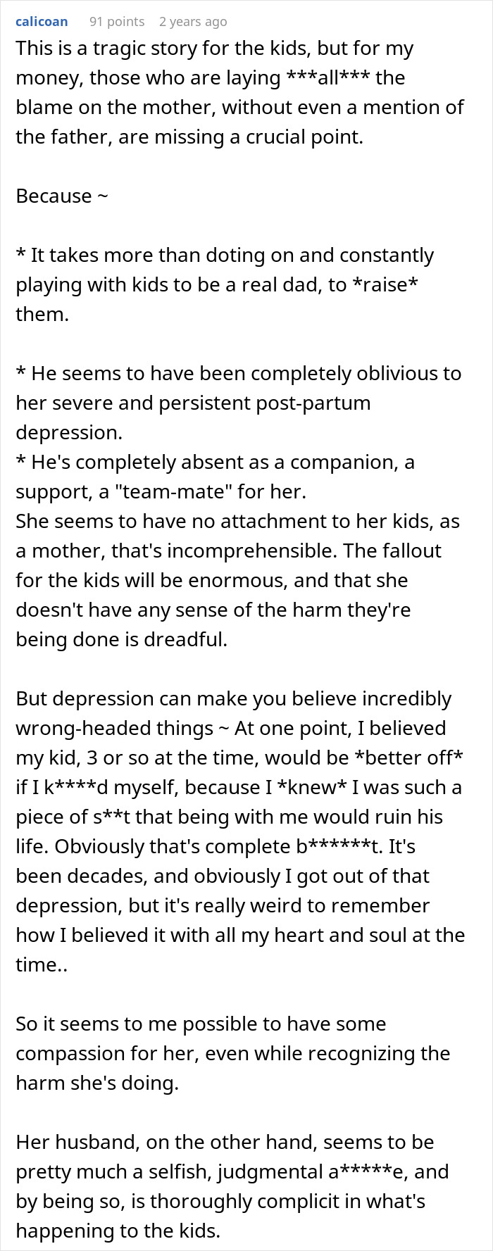 Comment discussing mom running away from her kids on Christmas and the impact of trauma on children.