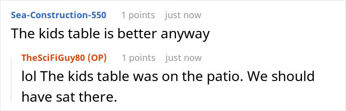 Online discussion showing users commenting about parents letting friends sit at main table while son sits at overflow table for Thanksgiving. Online discussion showing users commenting about parents letting friends sit at main table while son sits at overflow table for Thanksgiving.