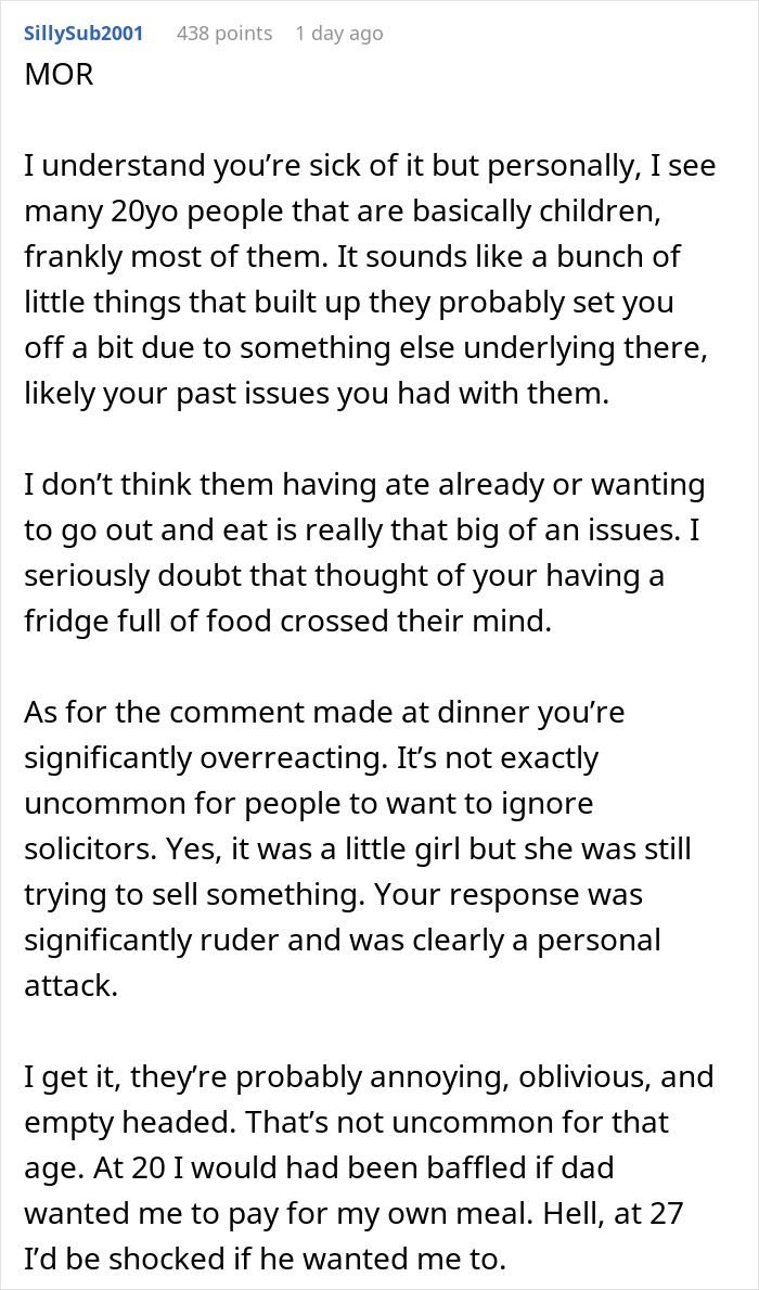 Screenshot of a detailed Reddit comment discussing challenges with young adults and family dynamics involving a woman bending over backwards.