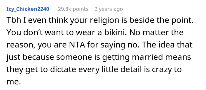 Comment discussing refusal to wear bikini at bridal party, highlighting family conflict and Muslim daughter-in-law issues. Comment discussing refusal to wear bikini at bridal party, highlighting family conflict and Muslim daughter-in-law issues.