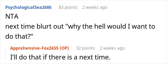 Screenshot of online discussion about a couple not wanting to sacrifice gym time for babysitting, expecting the aunt to give up hobbies.