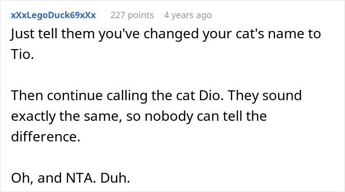 Comment suggesting to rename 11YO cat to avoid conflict as sister demands family rehomes or renames cat. Comment suggesting to rename 11YO cat to avoid conflict as sister demands family rehomes or renames cat.
