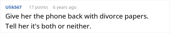 Comment suggesting to return the phone with divorce papers, highlighting phone dependence leading to divorce dispute. Comment suggesting to return the phone with divorce papers, highlighting phone dependence leading to divorce dispute.