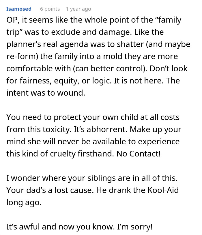 Reddit comment discussing a mom’s anger after dad and stepmom plan a Disney trip excluding her and daughter. Reddit comment discussing a mom’s anger after dad and stepmom plan a Disney trip excluding her and daughter.